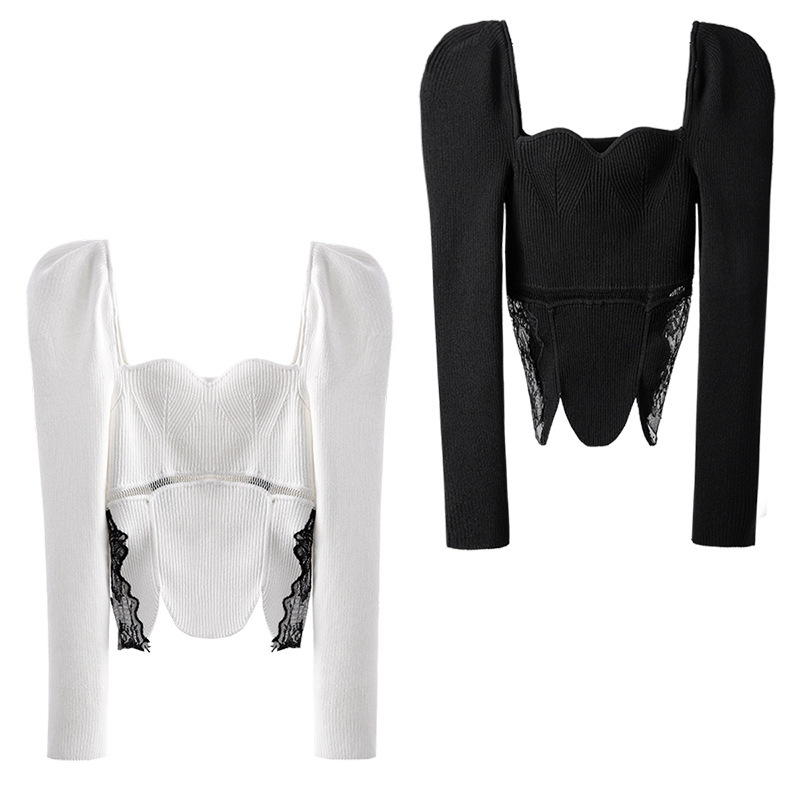 DEAT New Spring Autumn Fashion Casual Simple Slimsexy High Waist Lace Stitching Long Sleeve Bottom Knitted Top Women SG607 210428