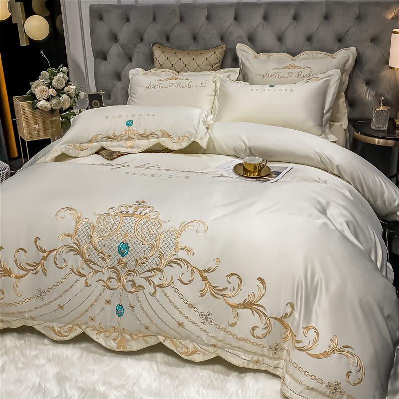Luxury White Satin Silk Cotton Bedding Set Soft Silky Gold Embroidery Duvet Cover Flat/Fitted Sheet Pillowcases Home Textiles Sets