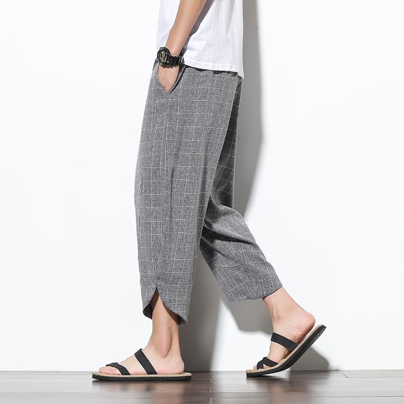 Ankle-Length Cotton Linen Plaid Pants Men Trousers Hip Hop Jogger Sweatpants Streetwear Harem Men's