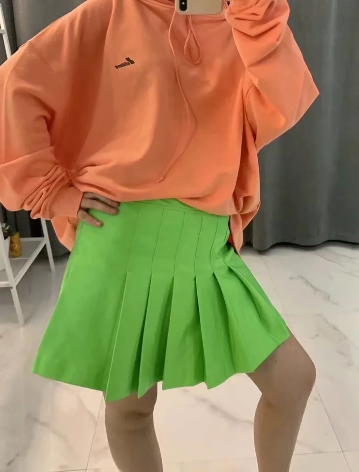 Sexy green Pleated mini Skirts womens high waist PU skirt streetwear korean leather fur fashion ladies jupe femme 210521