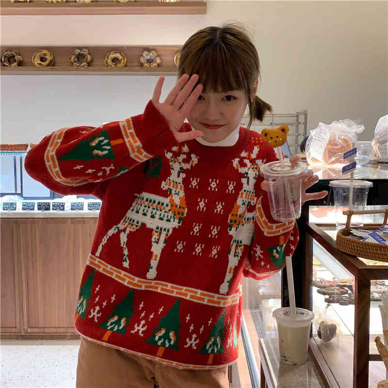 3colors autumn winter korean style loose Christmas Sweaters thick warm Knitted Sweater and pullover womens (C8187) 210423