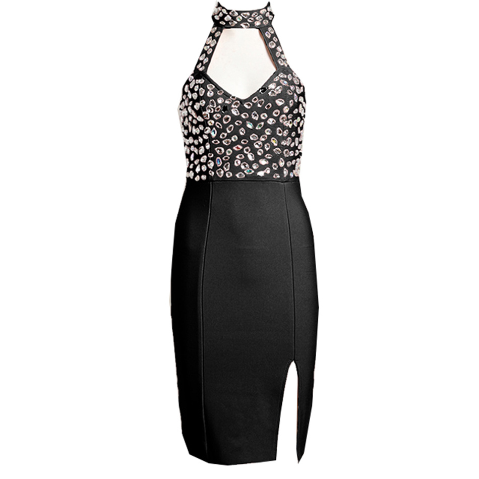 Autumn Women'S Bandage Dress Celebrity Party Sexy Bodycon Hanging Neck V-Neck Beaded Open Back Vestidos 210525