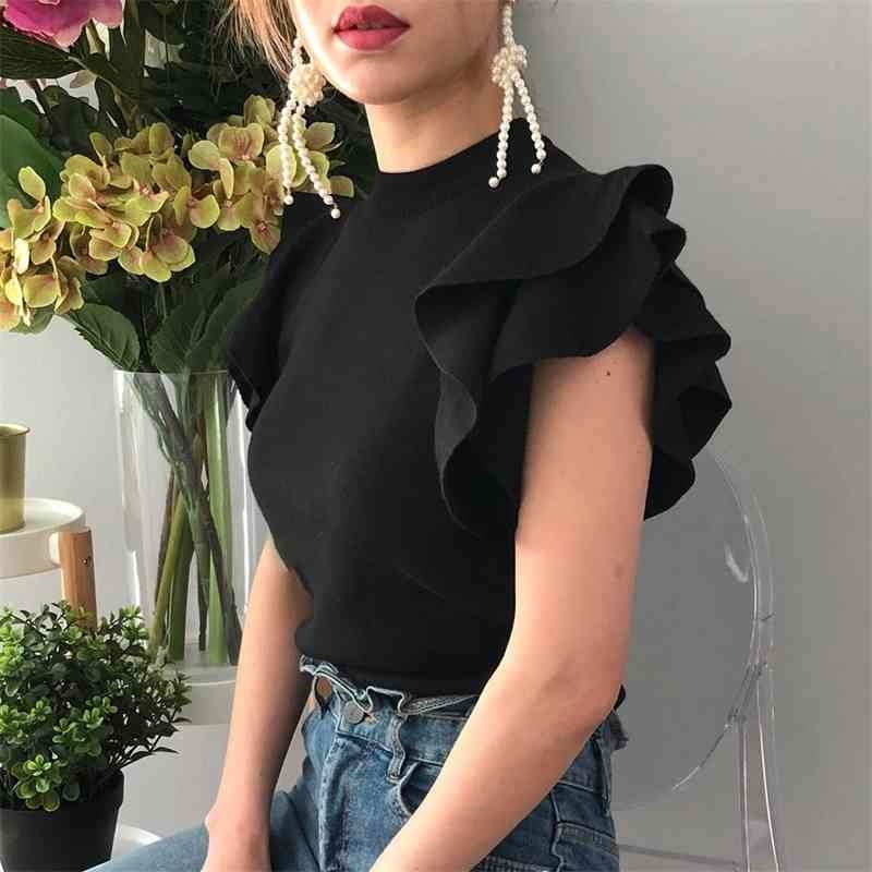 Summer Autumn Knitted Tops Women Short Ruffle Sleeve Sweater Korean Femme Chic Jumper Pullover Clothing Outwear 210519