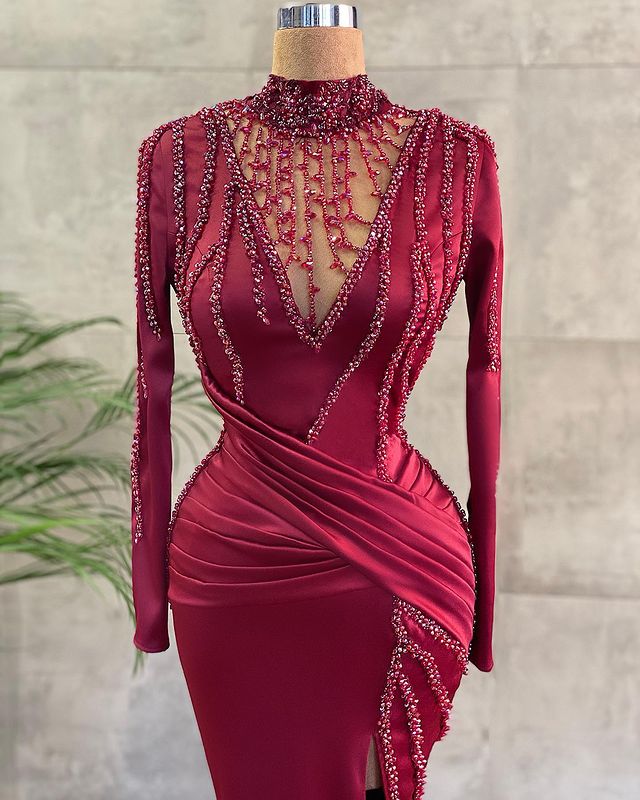 2021 Plus Size Arabic Aso Ebi Burgundy Mermaid Sexy Prom Dresses Beaded High Split Satin Evening Formal Party Second Reception Gowns ZJ577