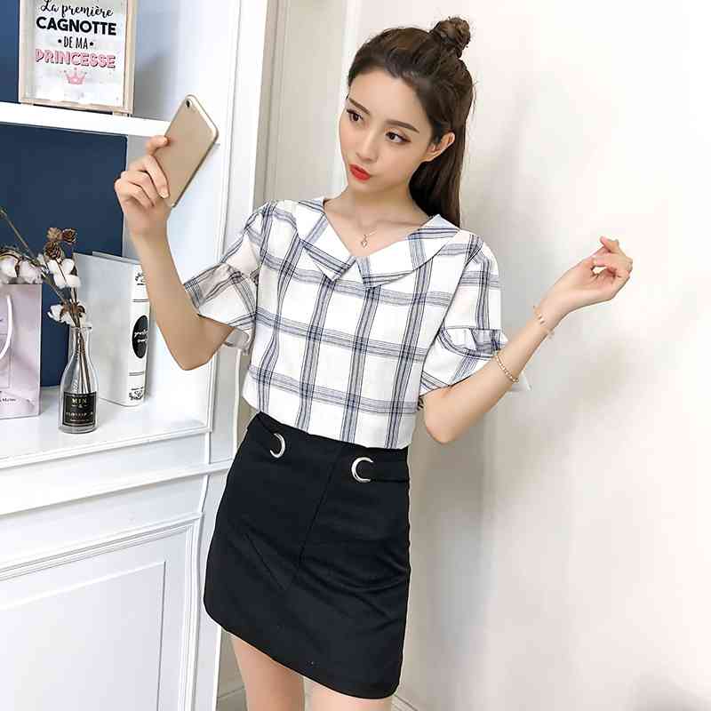 fashion sweet lady short sleeved blouses plaid women tops peter pan collar clothing summer casual shirts 0426 40 210506