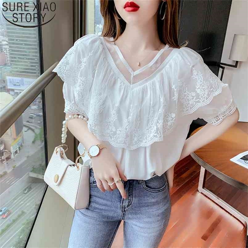 Front and Back Two Wear Summer Sweet Blouse V-neck Temperament Loose Ruffled Lace Short Sleeve Blouses Women 14288 210506