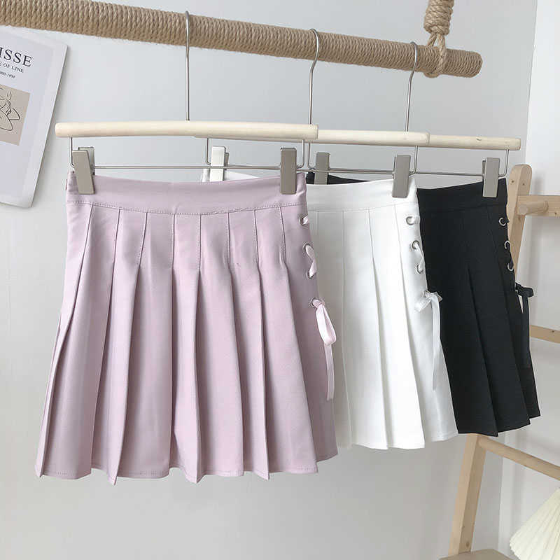 Korean Side Cross Bow Tie Skirts Womens High Waist Pleated A-line Mini Skirt Causal Faldas Mujer Moda 6G352 210603
