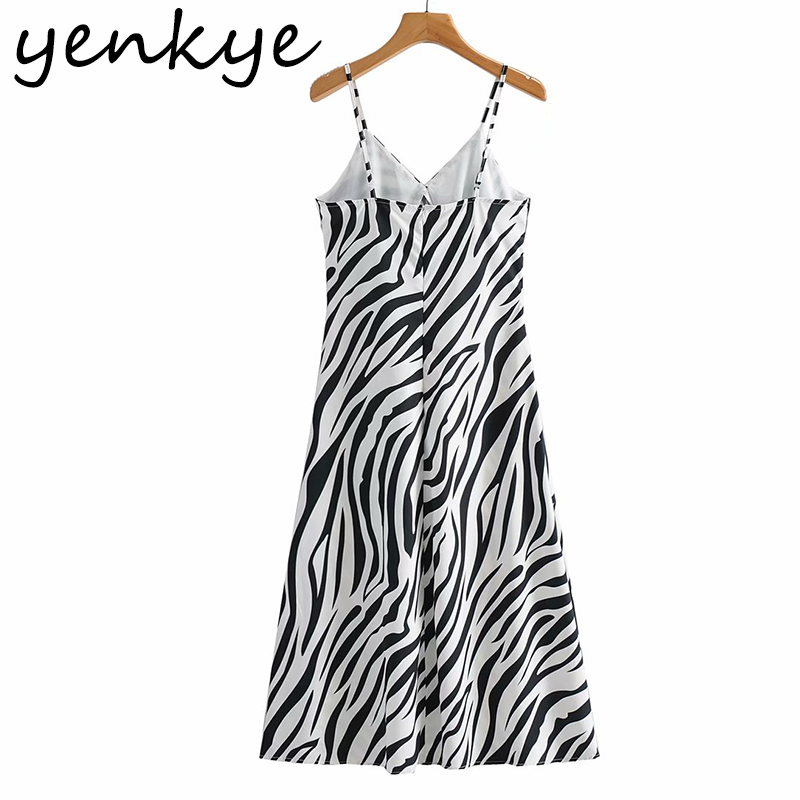 Vintage Zebra Striped Sling Sexy Dress Women V Neck High Waist A-line Casual Long Female Summer Night Out Vestido 210430