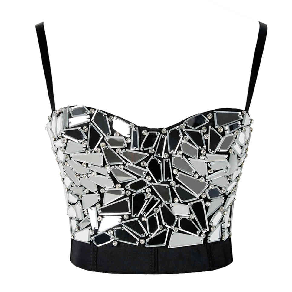 Atoshare Sexy Women Silver Gold Sequin Rhinestone Top Lady Rave Outfit Pearl Glitter Tops Bustier Female Corset Crop Top Strass 210407