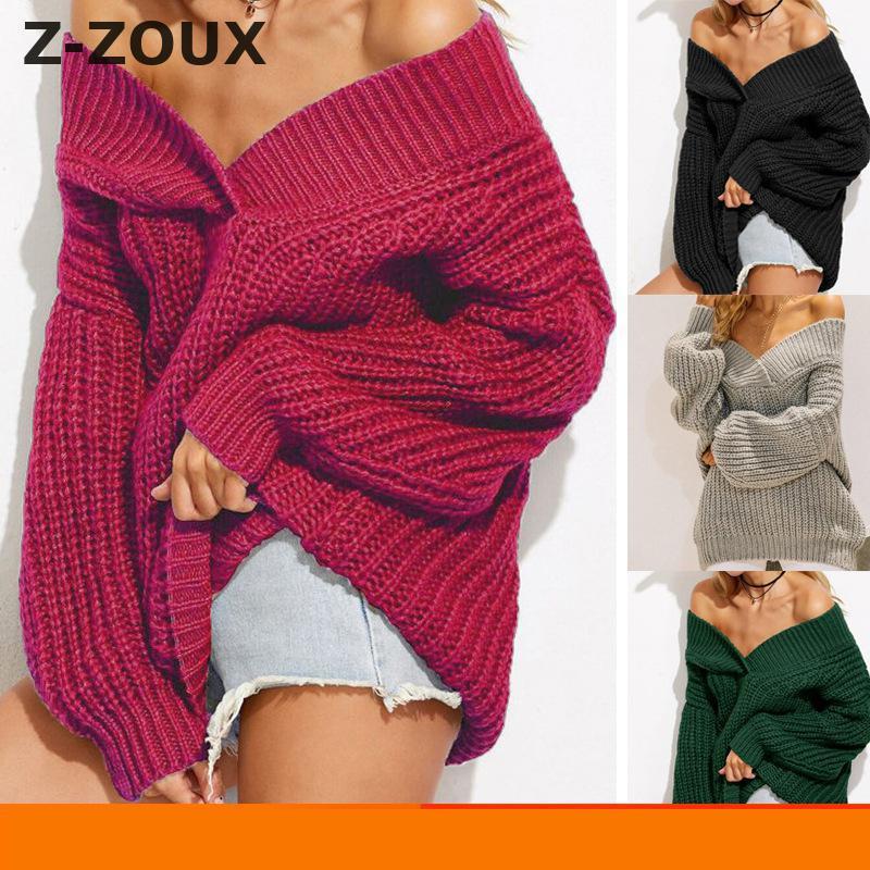 Women Sweater V-Neck Lantern Sleeve Pullovers Off The Shoulder s Black Gray Red Autumn Fasahion 210513
