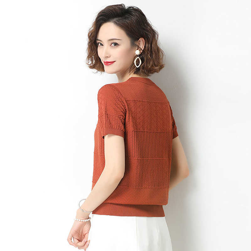 Summer Hollow Out Knit Short Sleeve T-Shirt Women Korean Casual Solid Colors Knitwear Tee Casual Round Neck Ice Silk pullovers 211014