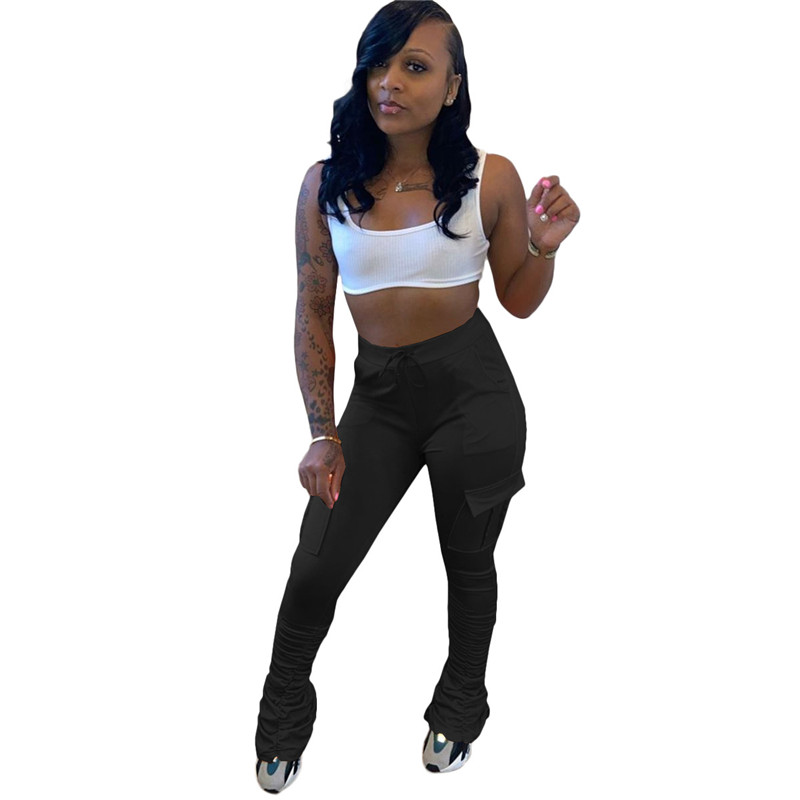 Wholesale Women Sports Pants High Waist Flare Pants Casual Solid Long Trousers plus size 2XL Fall Winter clothes Stacked Leggings with Pockets running