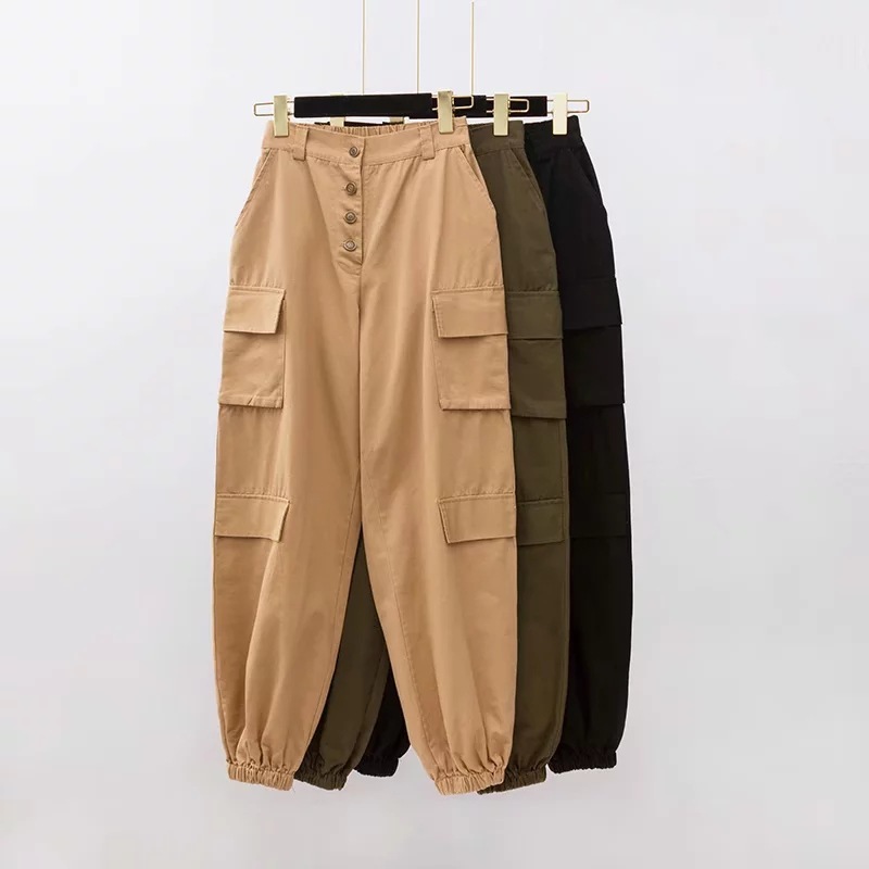 Nomikuma BF Style Women Cargo Pants Single Breasted High Waist Harem Pants Autumn New Pockets Femme Long Trousers 6C933 210427