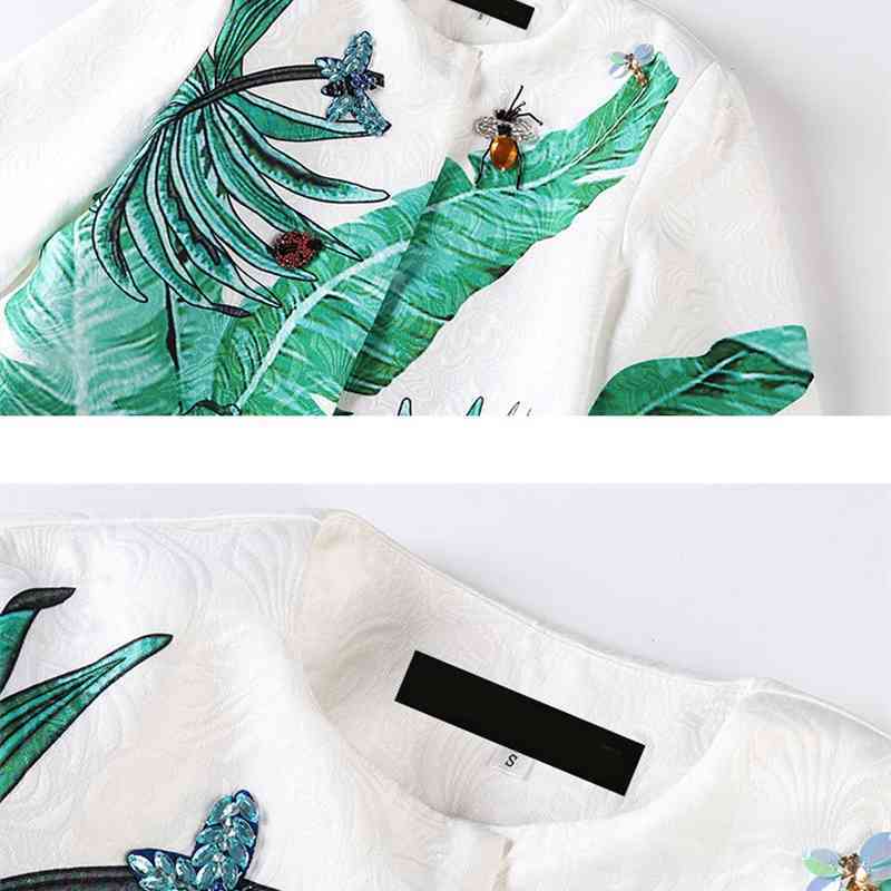 Fashion Runway Summer Coat Women's Long Sleeve Floral Print Crystal Beading Casual Outerwear Overcoat 210522