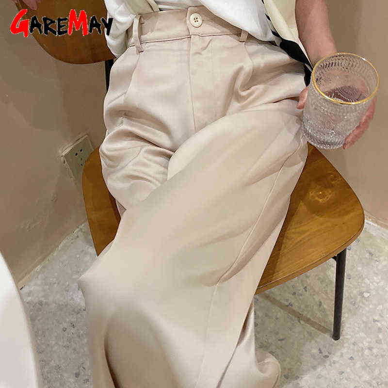 Summer Autumn Women's Pants Loose Classic Black Straight High Waist Casual Korean Silk Satin Wide Leg Trousers for Women 211115