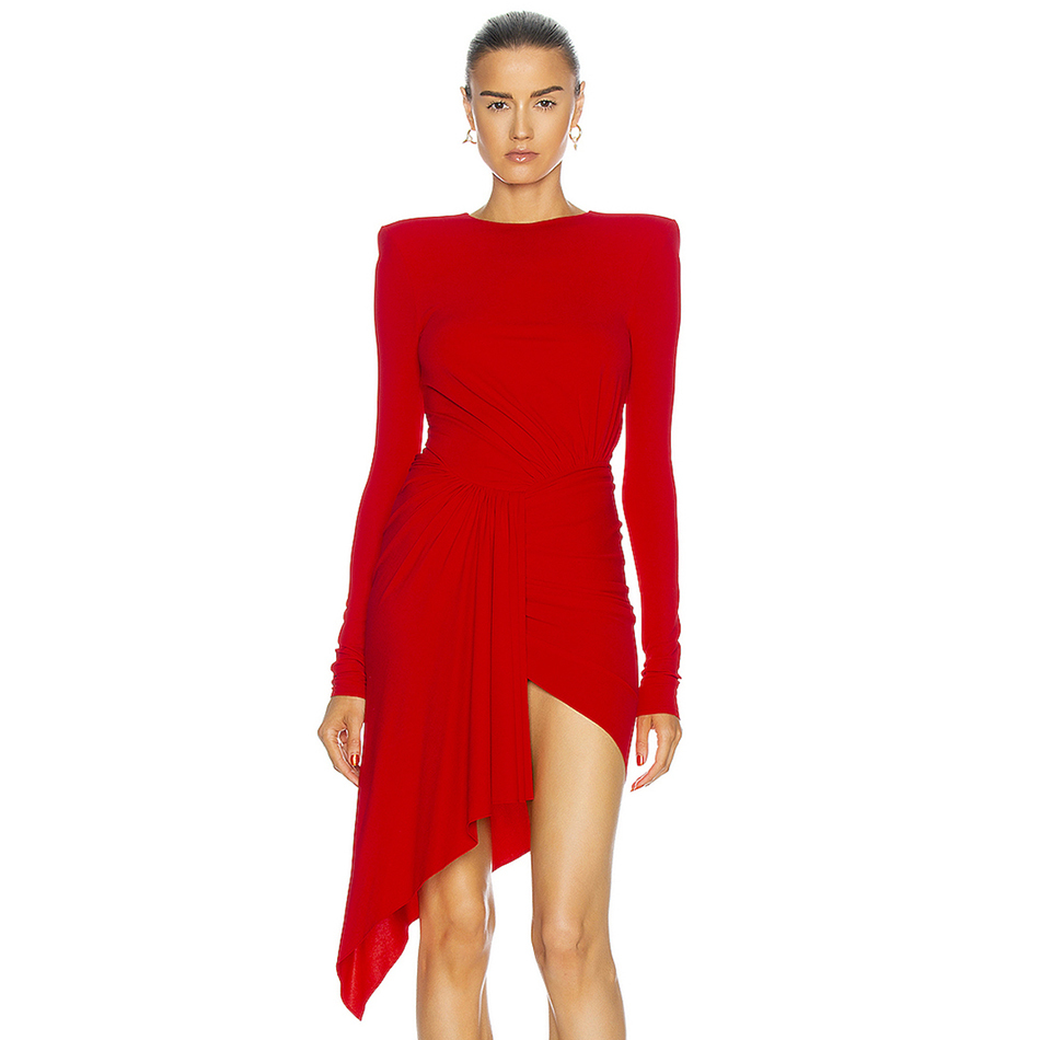 Winter Women Red Long Sleeve Bodycon Dress Sexy O Neck Draped Mini Length Celebrity Club Evening Party Lady 210423