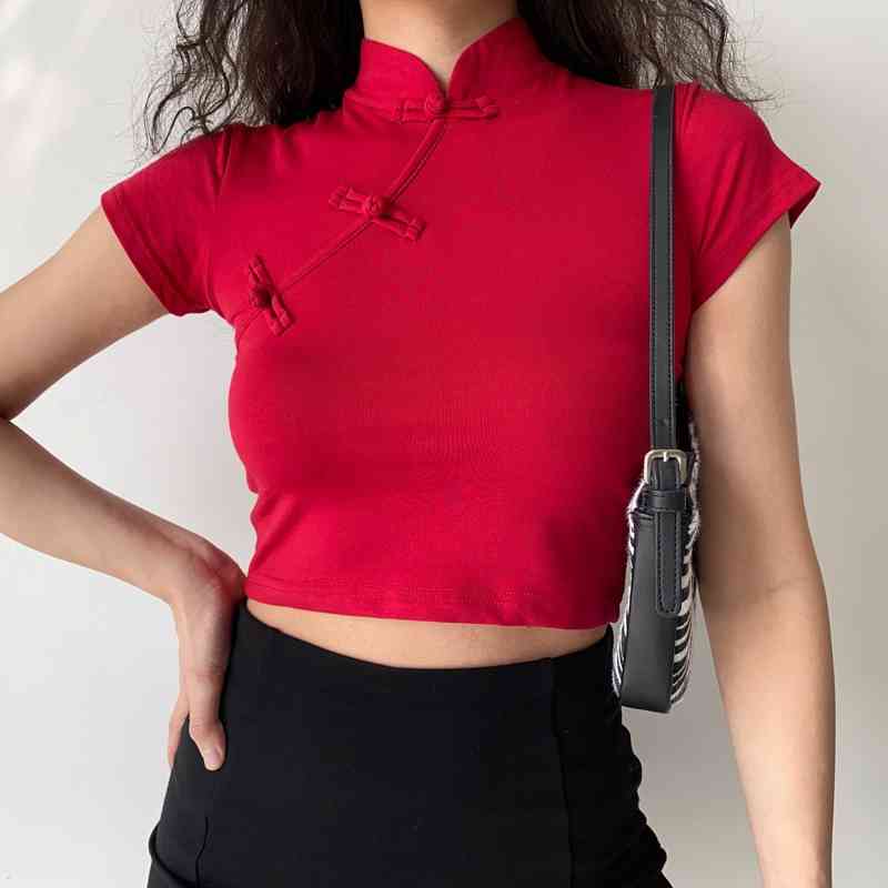 Women Chinese Style Mandarin Collar Short Sleeve T-shirt With Frogging Detail 210520, Green
Women Chinese Style Mandarin Collar Short Sleeve T-shirt With Frogging Detail 210520, Green