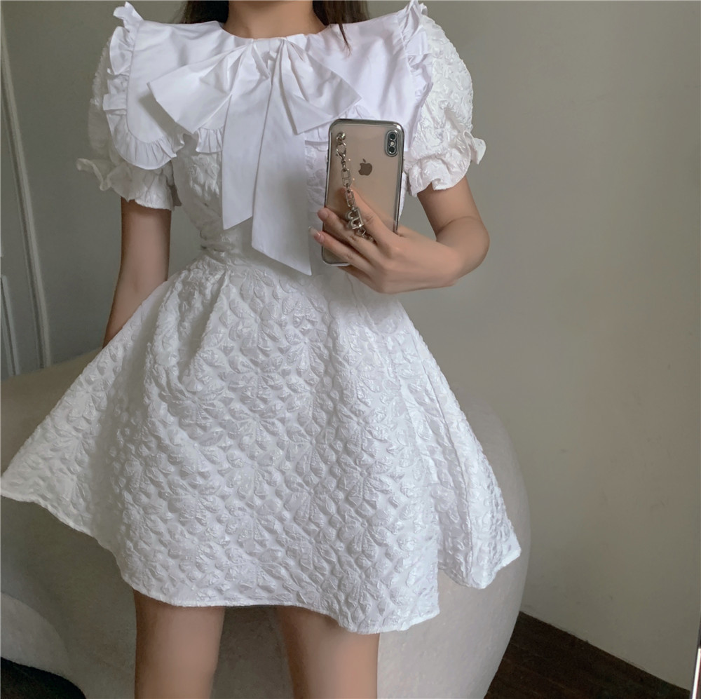 Arrival Summer Sweet Bowknot Big Lapel Jacquard Mini Dress Vintage Slim A-Line Party Dress Vestido 210518