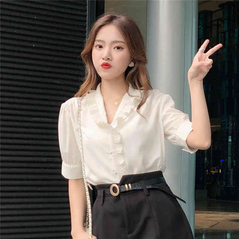 Women Plus Size Short Sleeve Blusas Casual Blouse Chiffon Shirt V-neck French Fashion Ruffle Top Cardigan Clothing 10021 210518