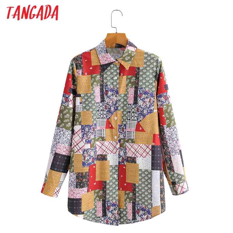 Women Block Print Blouse Long Sleeve Chic Female Casual Lady Shirt Blusas Femininas 1F111 210416
