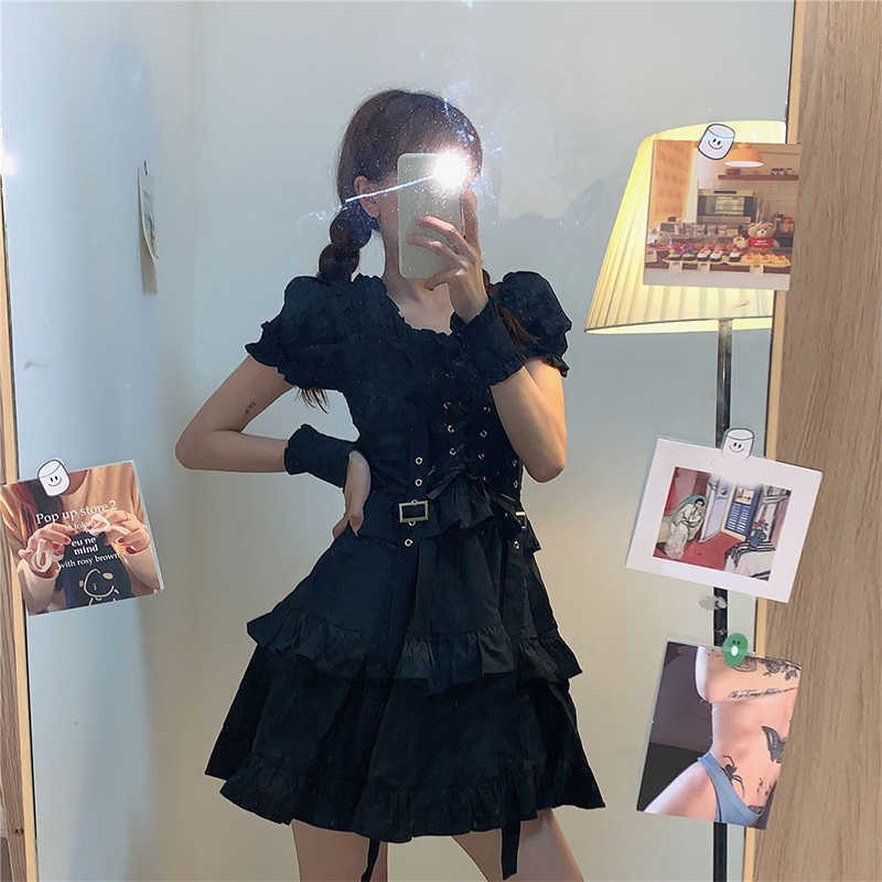 Women's Gothic Lolita Dress Goth Punk Gothic Harajuku Mall Goth Style Bandage Black Dress Emo Clothes Dress Spring 210630