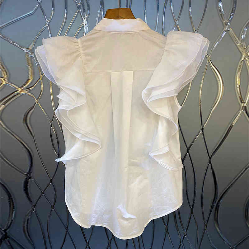 Patchwork Ruffle Solid Blouse Female Lapel Short Sleeve Casual Elegant Shirt For Women Fashion Clothes Summer 210524