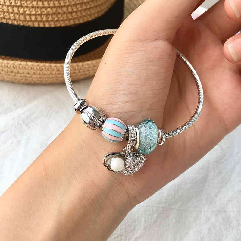 Charm Bracelets 56 Fashion Accessories Summer Dream Shell Pearl Transhipment Blue Crystal Open Bracelet