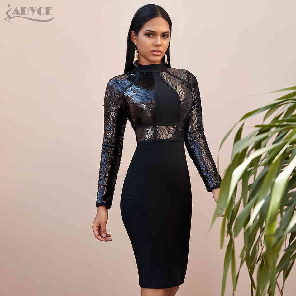 Winter Sequined Long Sleeve Bodycon Bandage Dress Sexy Elegant Club Black Celebrity Evening Runway Party Dresses 210423