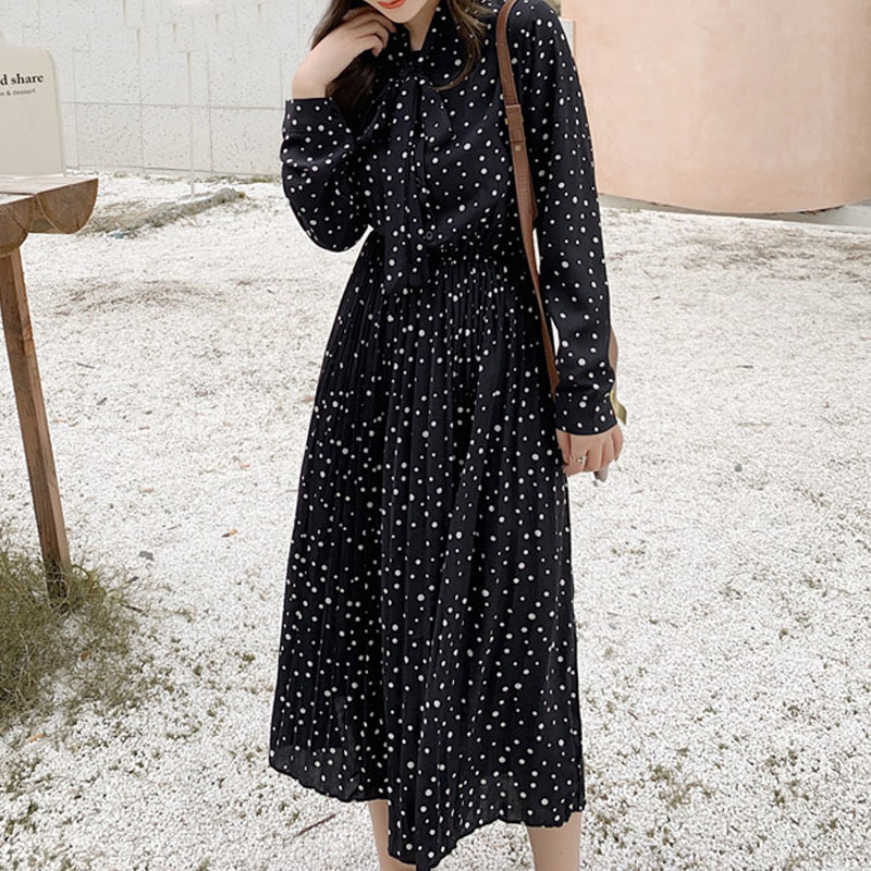 Korean Printed Chiffon Wave Dot High Waist Slim Long Sleeve Dress spring Maxi Casual Party Vestidos 7724 50 210427