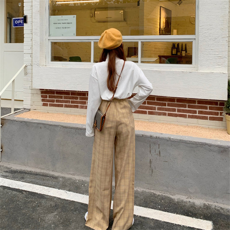 Korean Plaid Straight Casual Geometric Trousers Elegant Leisure Women Slim Brief Stretwear Loose Female Pants 210421