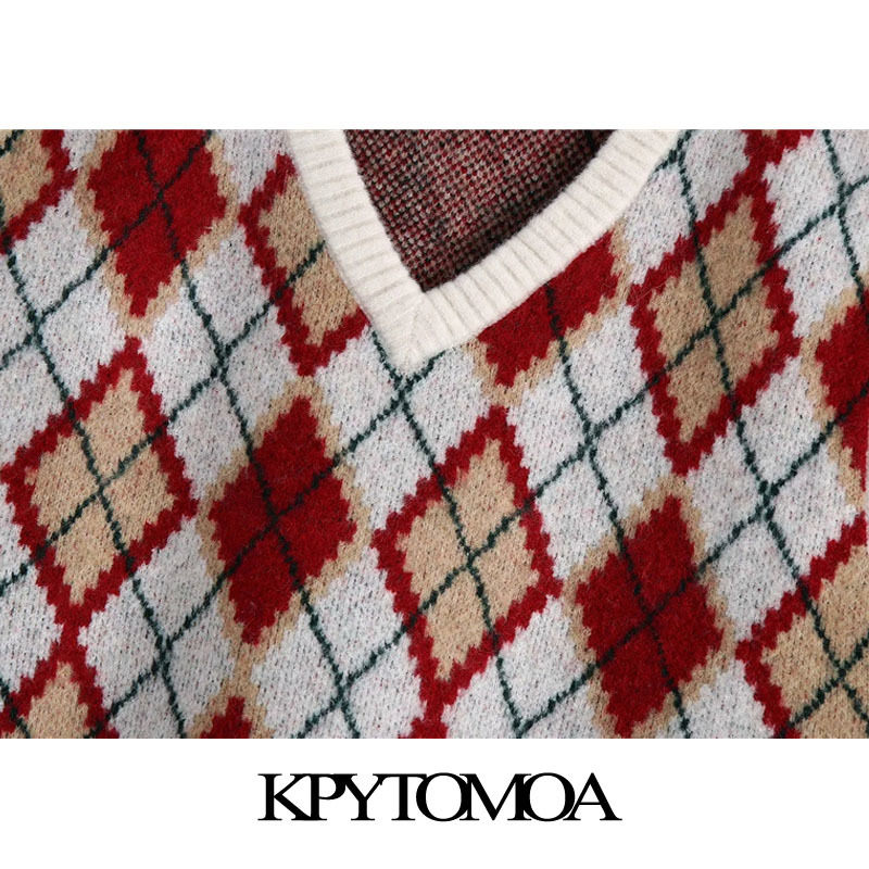 Women Fashion Loose Cropped Argyle Knitted Vest Sweater V Neck Sleeveless Female Waistcoat Chic Tops 210420