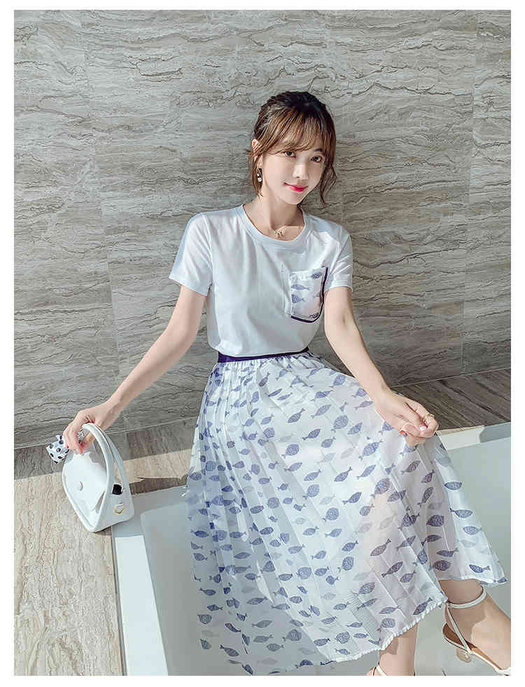 Summer Women Two Piece Sets Elegant White Short Sleeve T-Shirt Top + High Waist Pleated Chiffon Long Skirt Suit 210519