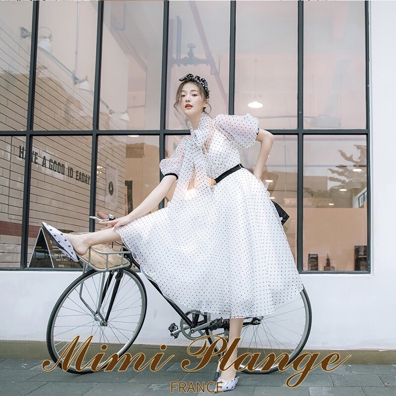 Vintage Elegant Puff Short Sleeve Dot Print Bow Knee Length Party Dress Women Lady Office Work Casual Vestidos 210421