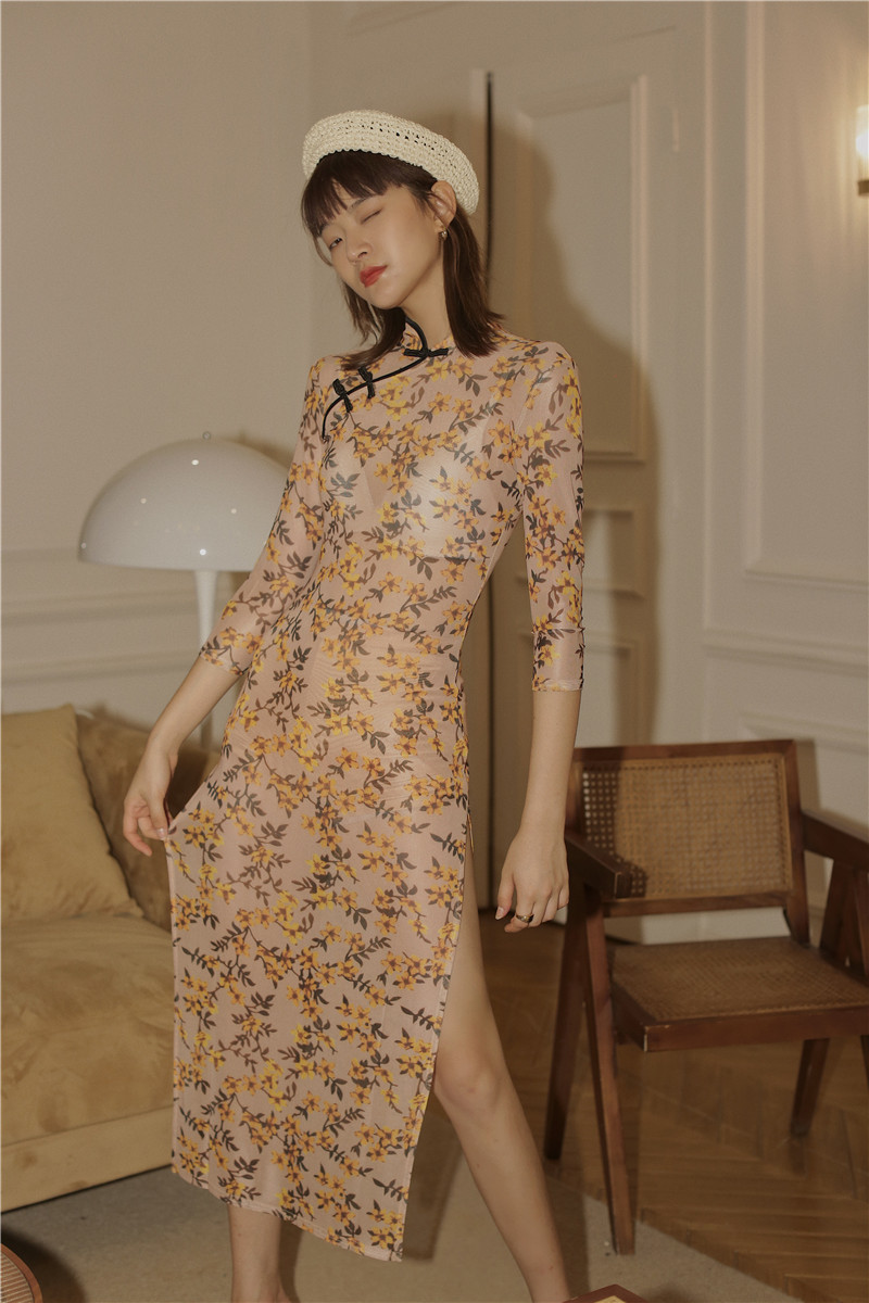 Vintage Long Midi Mesh Dress Women Mandarin Collar Bodycon Ladies Summer Floral Print Side Slit 210427