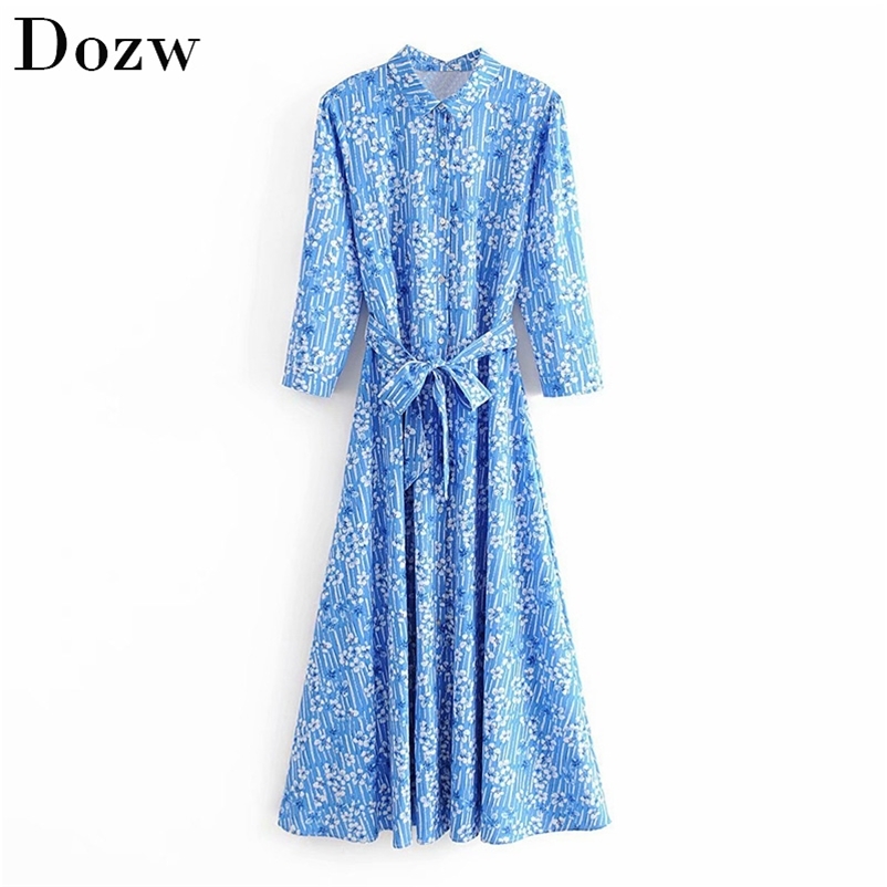 Lady Fashion Floral Print Long Dress Spring Sleeve Sashes Shirt Women Turn Down Collar Female Loose Casual 210515