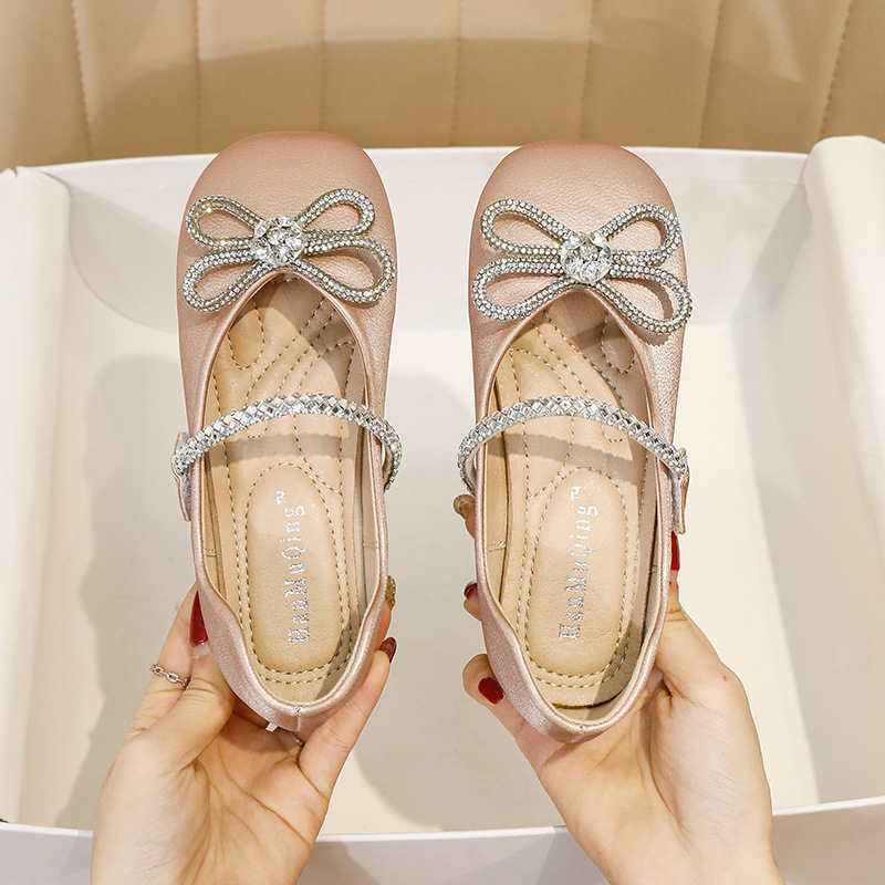 2025 new Children Leather Shoes Baby Toddler Flats Breathable Fashion Bow Rhinestone Dance Party Performance Kids Student