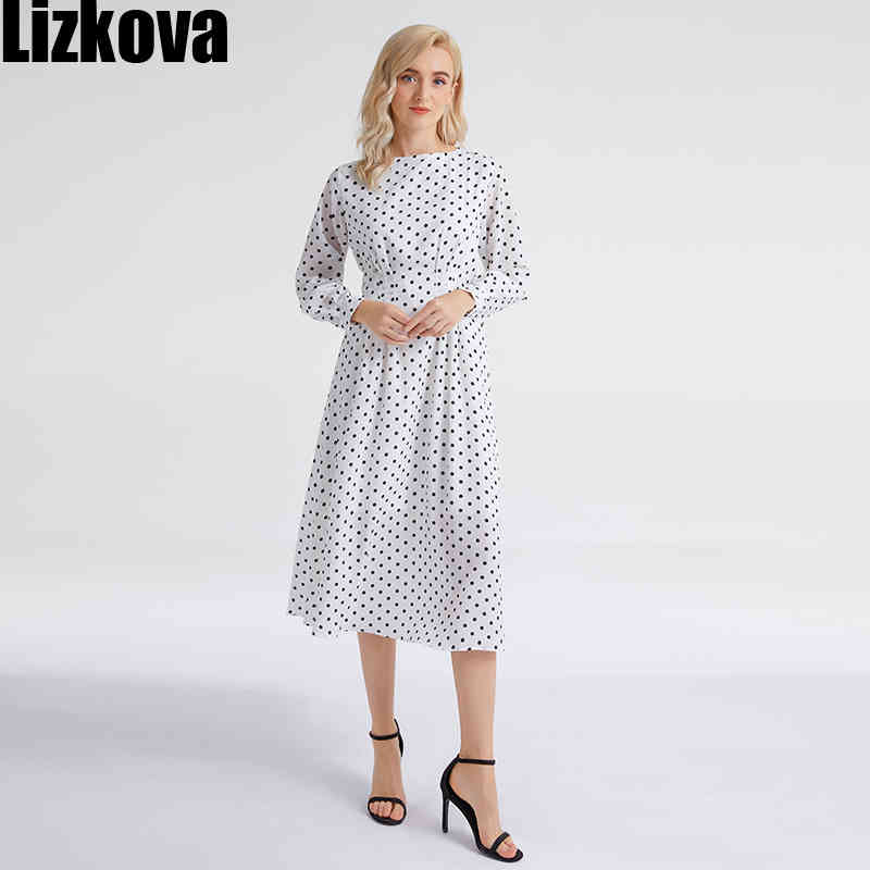 Lizkova White Dot Print Chiffon Dress Women Long Sleeve Elastic Waist Robe Spring Female O-neck Lantern Sleeve Vestio NI001 210409