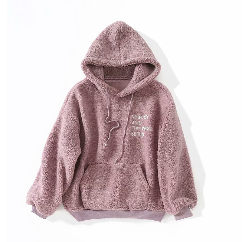 Women Loose Casual Teddy Hoodies Winter Warm Long Sleeve Hooded Sweatshirt Tops Letters Pocket Fleece Pullover 210515