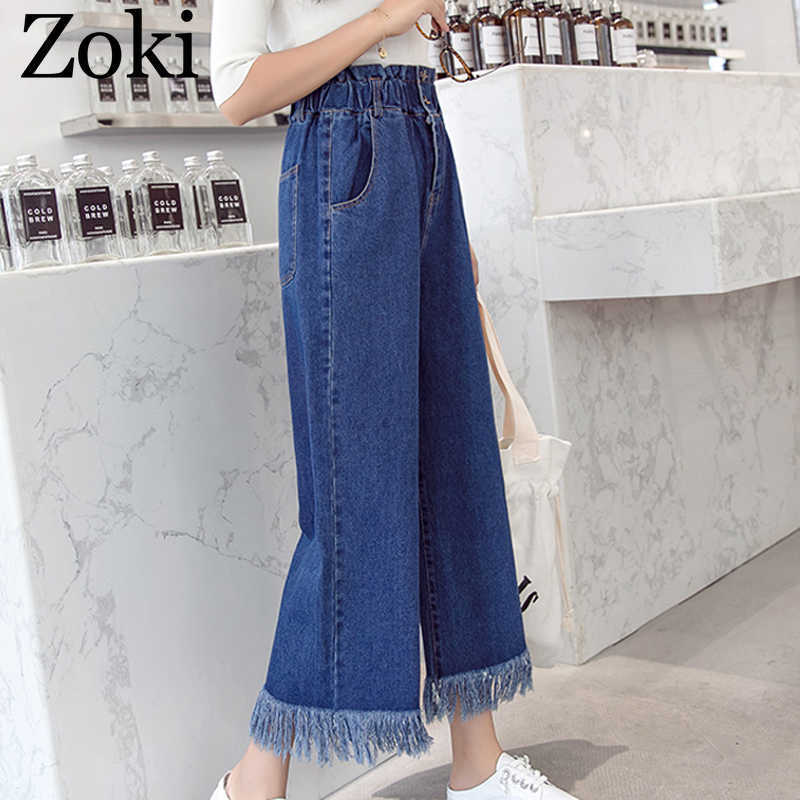 Zoki Spring Plus Size Women Jeans Tassel High Waist Elastic AnkleLength Denim Pants Fashion Loose Wide leg Female S5XL 210922