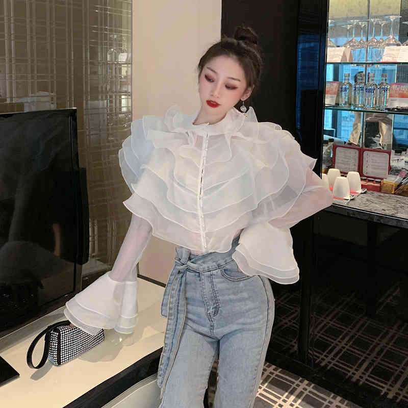 Fashion Pearl Button Purple Shirt Elegant Women's Flare Sleeve Ruffles Office OL Blouses Female Ladies Spring 210519