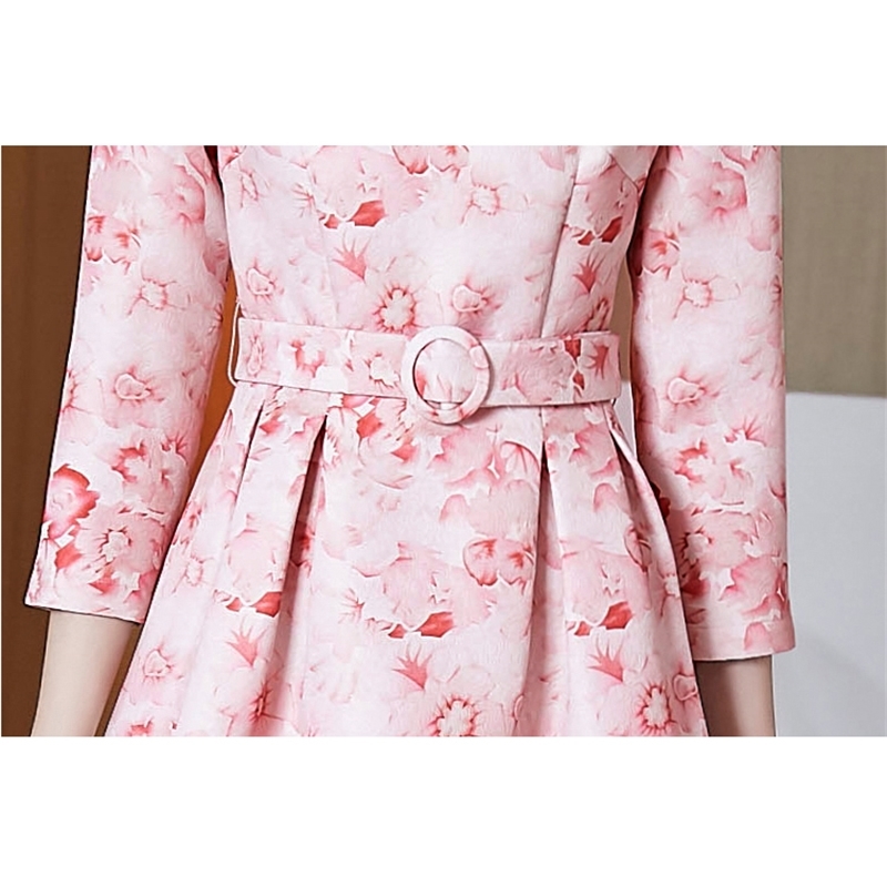 Women's Spring Runway Elegant Pink Dress Fashion O-Neck 3/4 Sleeve Print Slim Retro Dresses Vestdios 210519