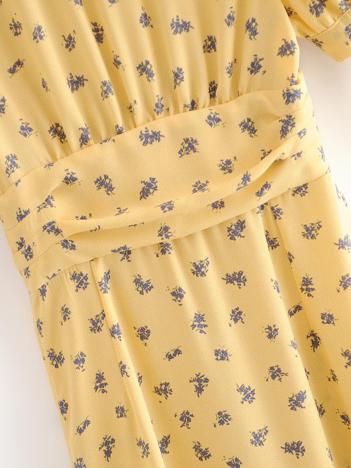 French V neck Front Slit Floral Midi Dress Holiday Woman Tie Bow Cuff Slim Waist Short Sleeve Tea Dresses Vestido 210429