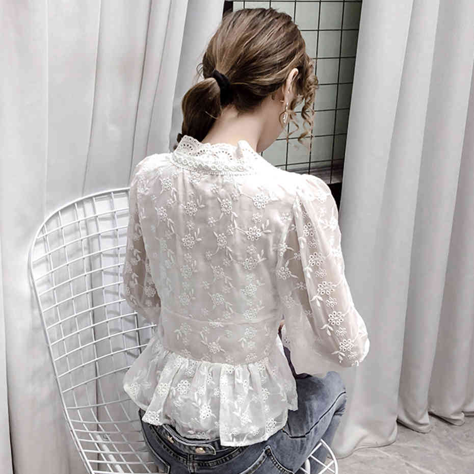 Pure White Blouse Women Mesh Hollow Out Sexy Vneck Blouse Flare Sleeve Embroidered White Shirts Ladies Elegant Blusas Plus Siz 210412