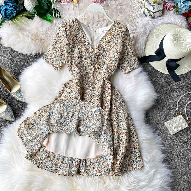 Women Summer Vintage V Neck Short Sleeve Floral Dress Slim High Waist Floral Print Chiffon Short Dress Vestidos 210521