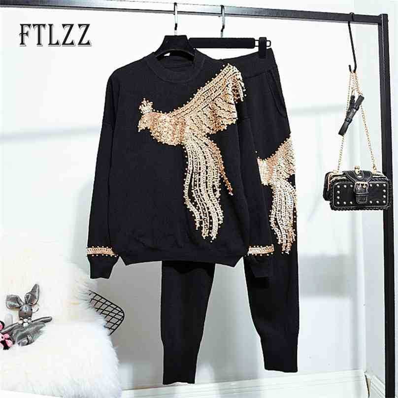 Autumn Sportsuit Women Knitted 2 Piece Set Fashion Street Phoenix Pattern Sequins Nail Beads Sweater + Pant Woman Tracksuits 210525 
Autumn Sportsuit Women Knitted 2 Piece Set Fashion Street Phoenix Pattern Sequins Nail Beads Sweater + Pant Woman Tracksuits 210525