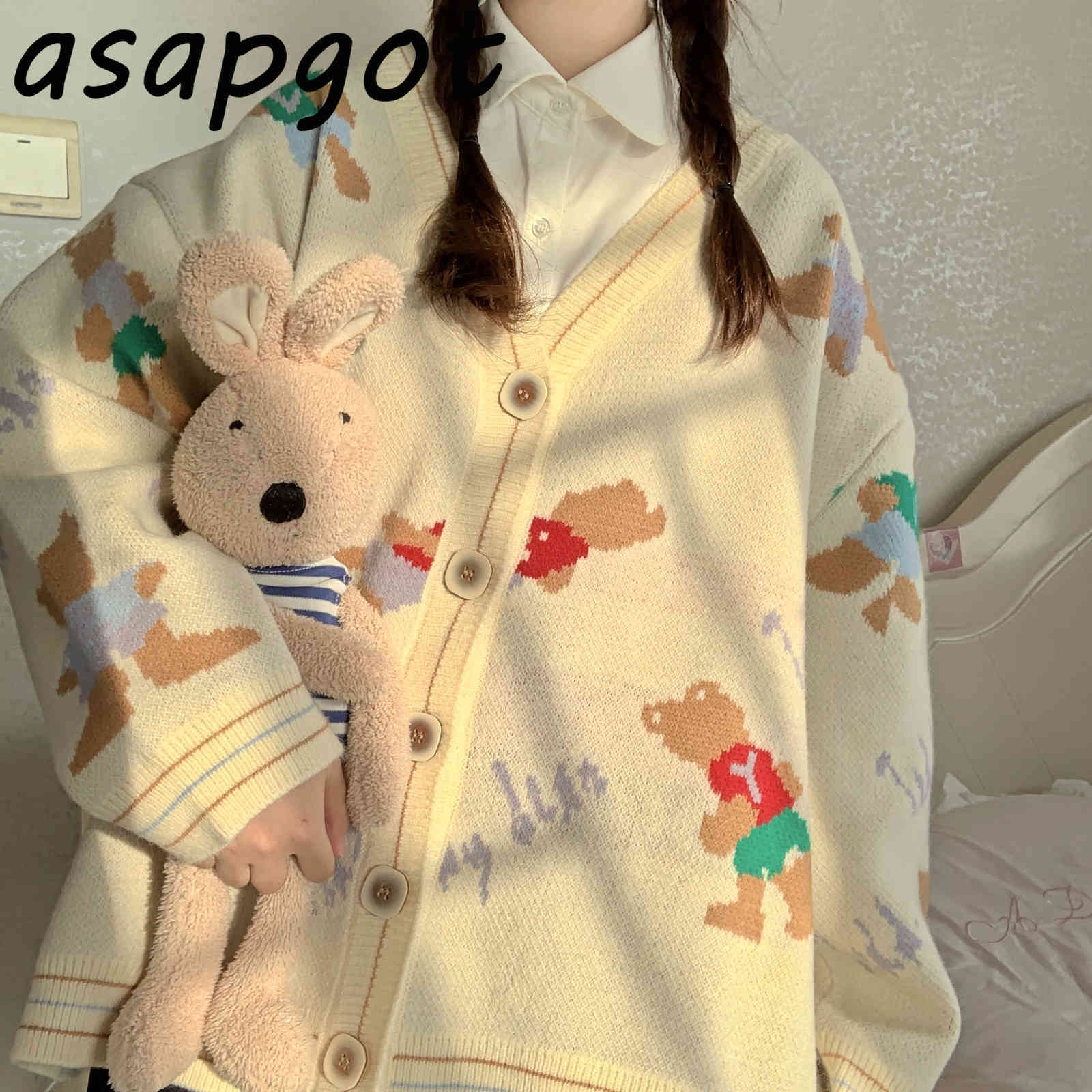 4style Vintage Japan Style Loose V Neck Pink Peach Knitted Cardigan Jacket Autumn Winter Sweet Girls Knitwear Top Fashion Print 210429
