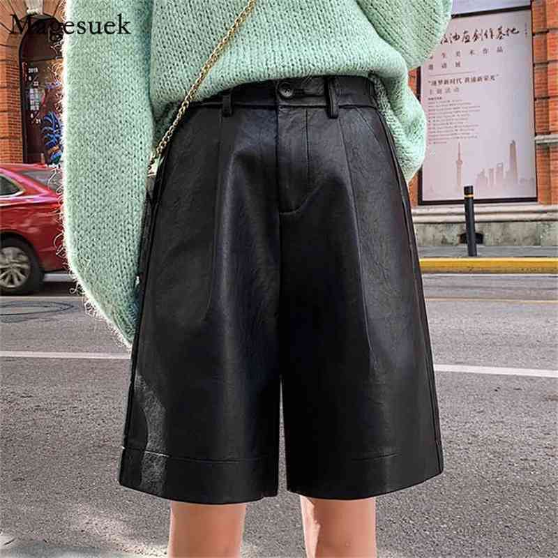 

PU Leather Casual High Street Biker Shorts Solid Waist Women Pockets Zipper Fly Loose Femme 10997 210518, Black