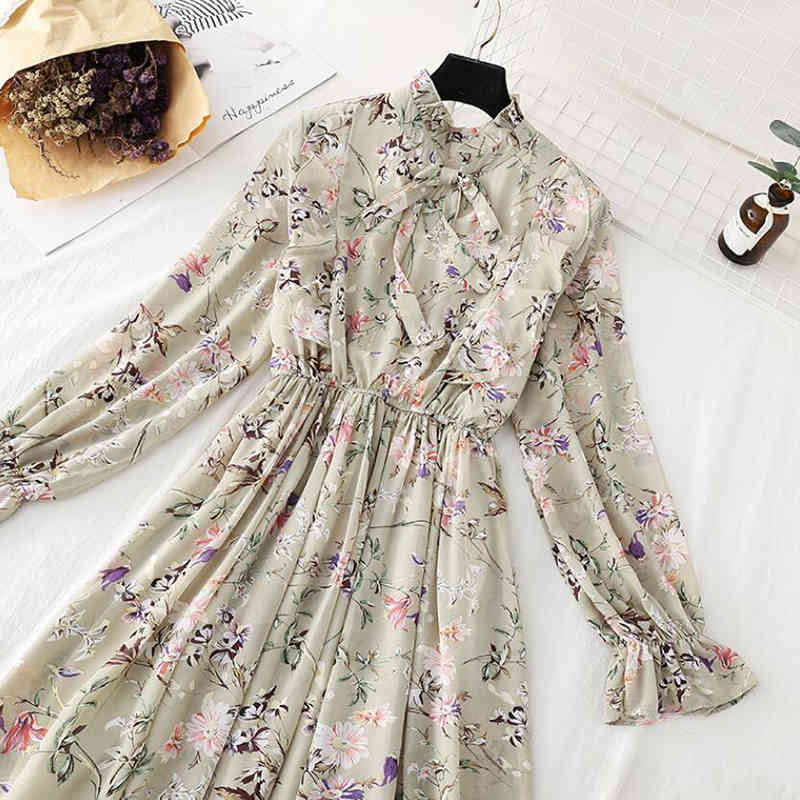 Women Flower Print A-Line Chiffon Dress Long Sleeve Ruffles Mid-Calf Party Dresses Vestidos Elastic Waist Vintage Dress 210521