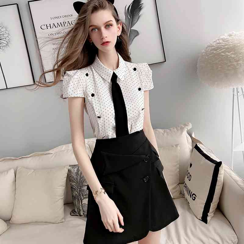 Dabuwawa Elegant Dot Printed Chiffon Blouse Women Tie Neck Turn-down Collar Button Short Sleeve Shirts Office Lady DT1BCF009 210520