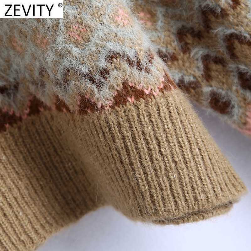 Zevity Women Vintage V Neck Long Sleeve Print Short Knitting Sweater Female Retro Patchwork Casual Chic Pullovers Tops S522 210603